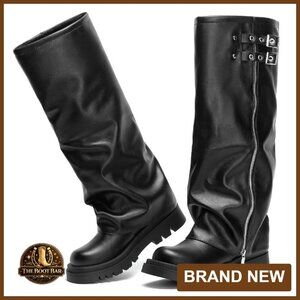 Women's Vegan Leather Knee High Boots Slip-On Combat Flat Platform